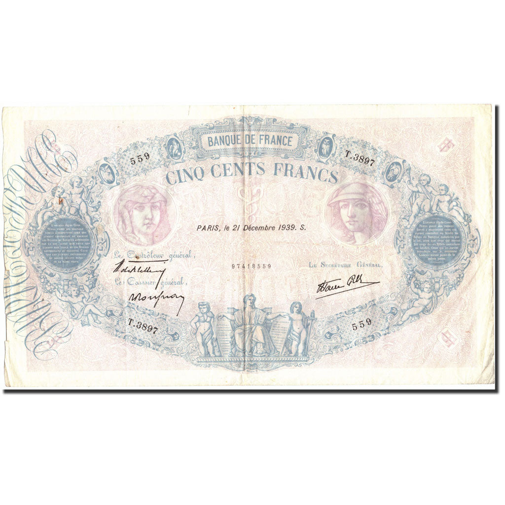 France, 500 Francs, 500 F 1888-1940 ''Bleu et Rose'', 1939, 1939-12-21