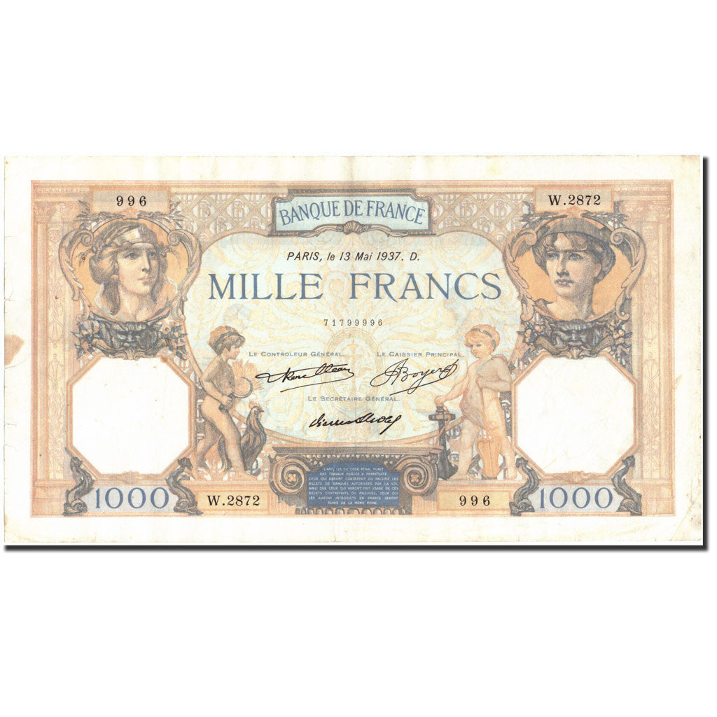 France, 1000 Francs, 1 000 F 1927-1940 ''Cérès et Mercure'', 1937, 1937-05-13