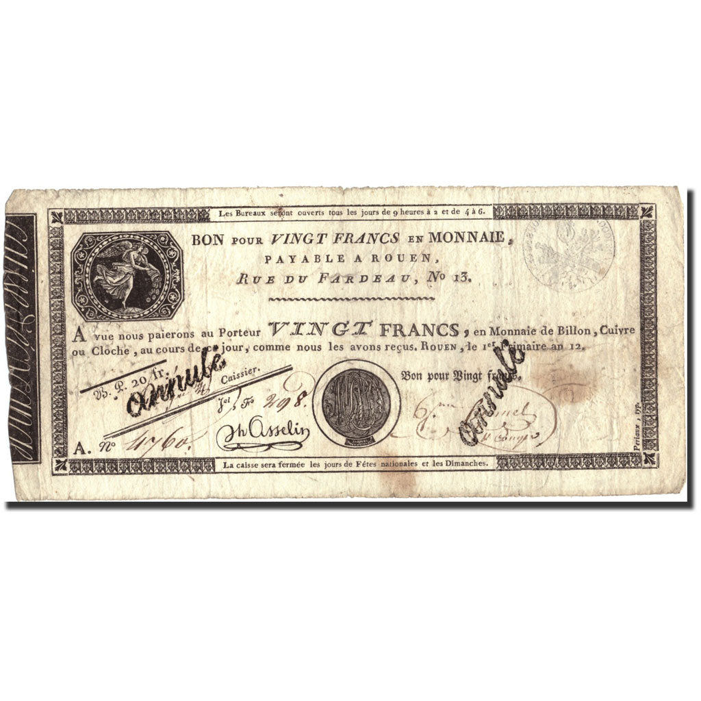 Francia, 20 Francs, An 12 (1804), B+, KM:S245b