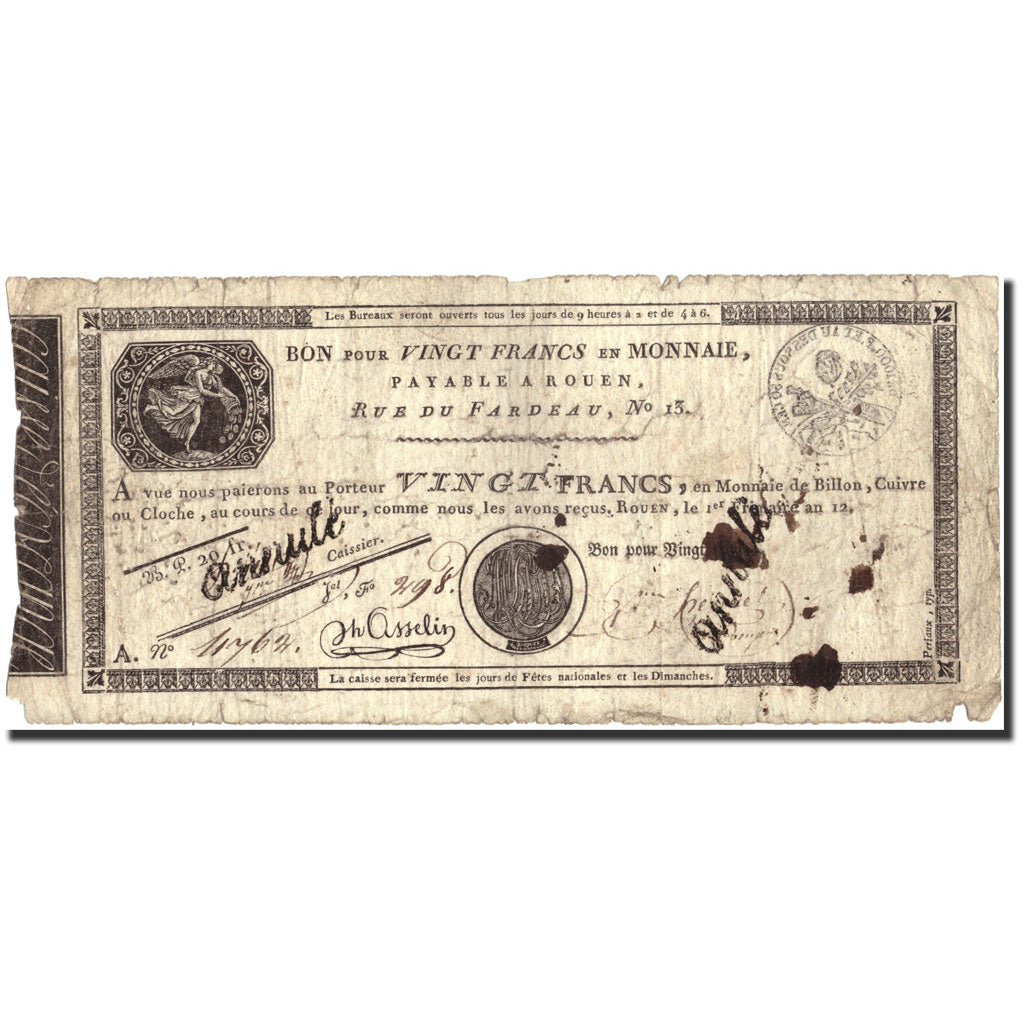 France, 20 Francs, An 12 (1804), VG(8-10), KM:S245b