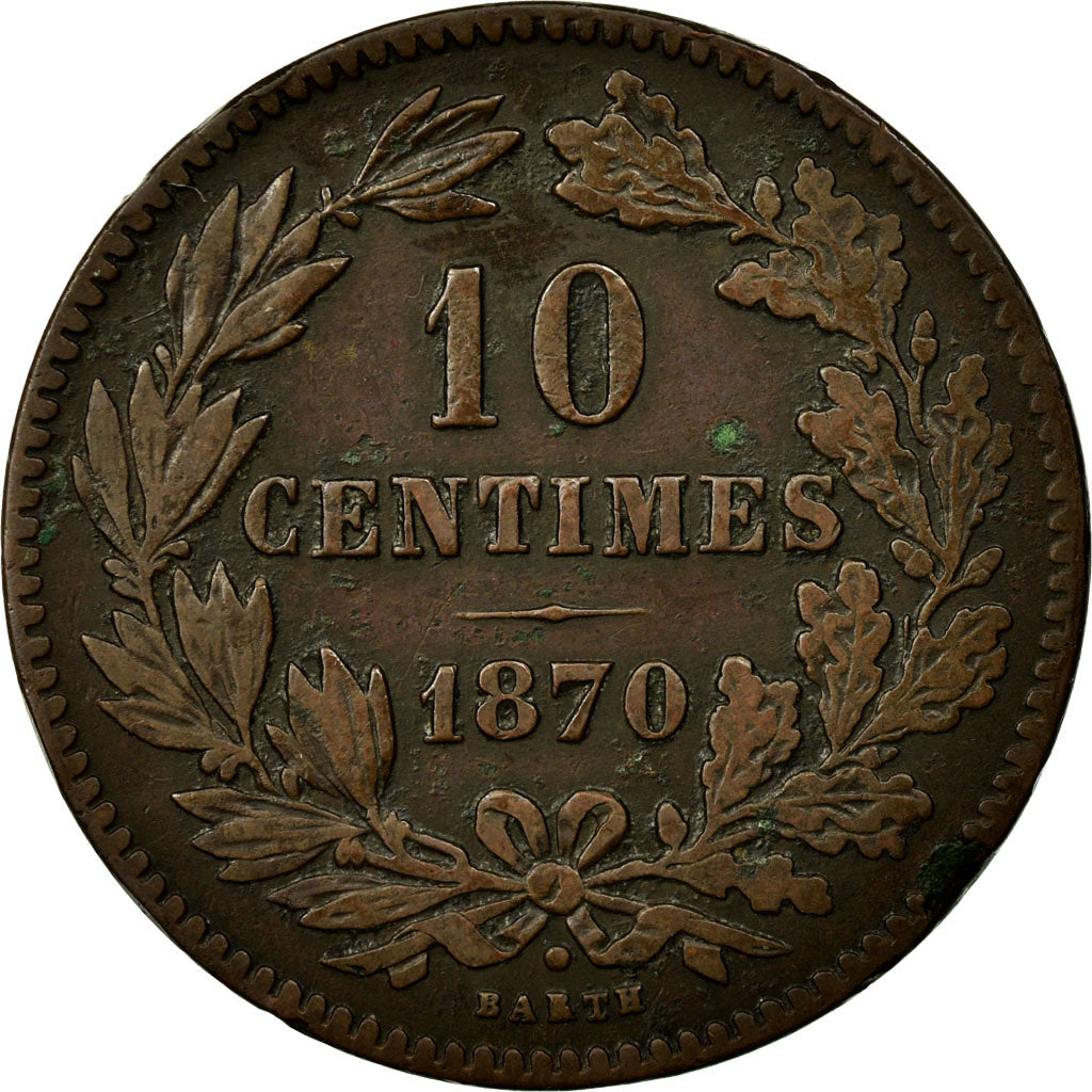 LUXEMBOURG, 10 Centimes, 1870, Utrecht, KM #23.1, EF(40-45), Bronze, 9.90