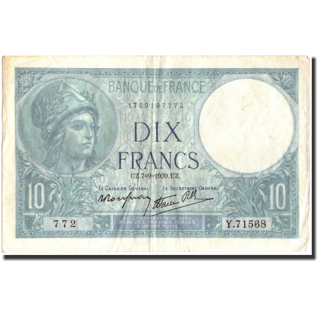 Francia, 10 Francs, 10 F 1916-1942 ''Minerve'', 1939, 1939-09-07, BB