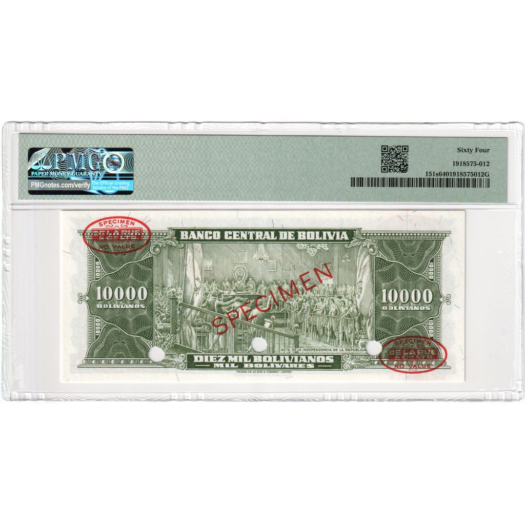 Bolivia, 10,000 Bolivianos, Specimen, UNC 64, PMG