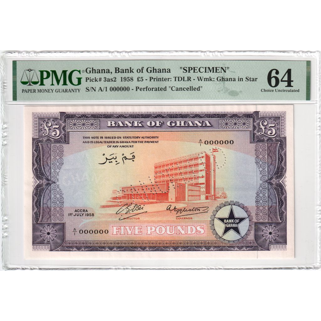 Ghana, 5 Pounds, 1958-07-01, Specimen, UNC 64, PMG