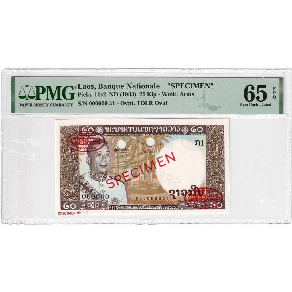 Banknote, Lao, 20 Kip, 1963, Specimen TDLR, KM:11s2, UNC(65-70)