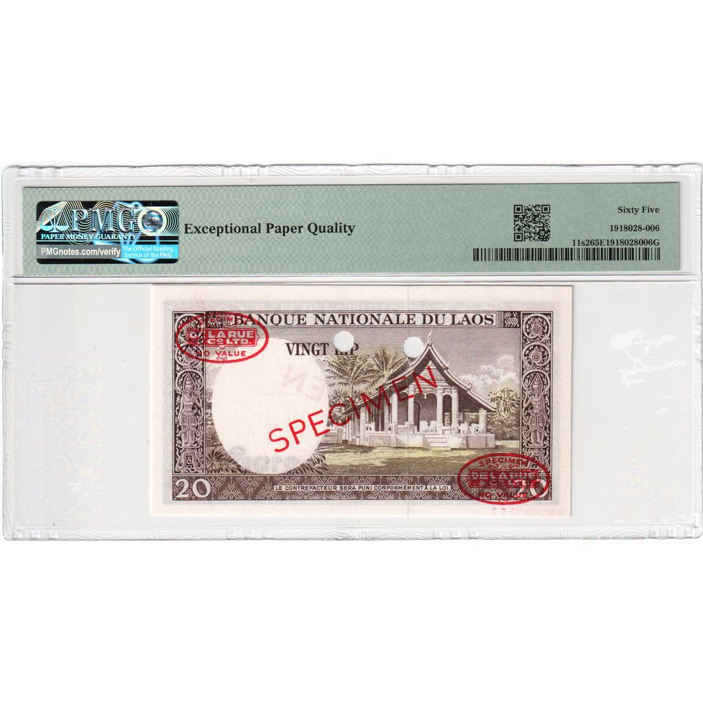 Banknote, Lao, 20 Kip, 1963, Specimen TDLR, KM:11s2, UNC(65-70)
