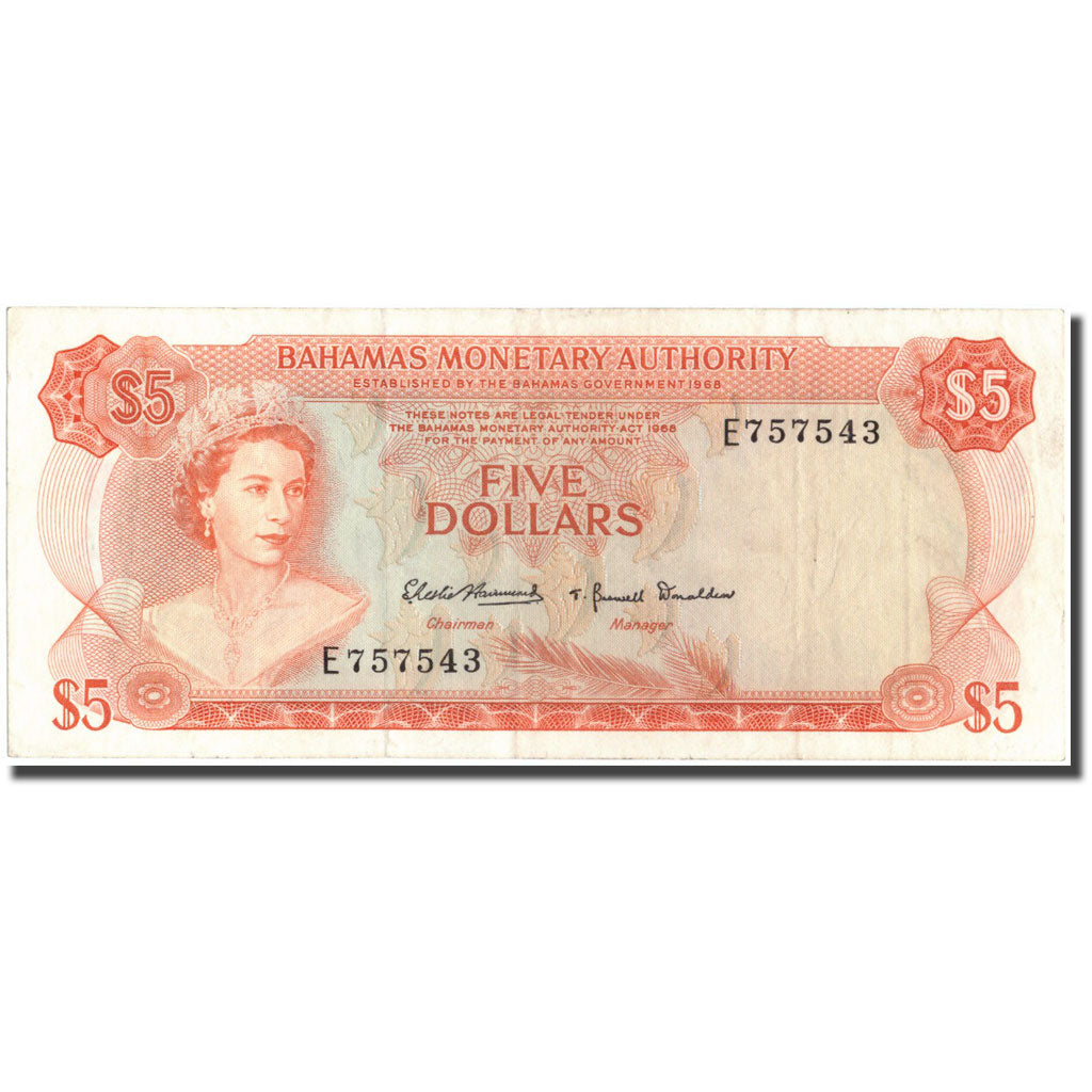 Billet, Bahamas, 5 Dollars, 1968, KM:29a, TTB