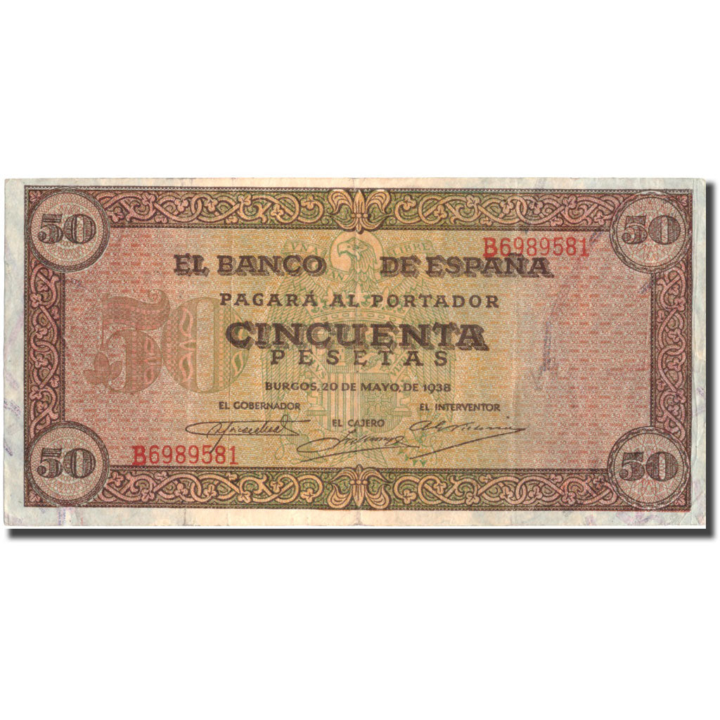 Billet, Espagne, 50 Pesetas, 1938, 1938-05-20, KM:112a, TTB