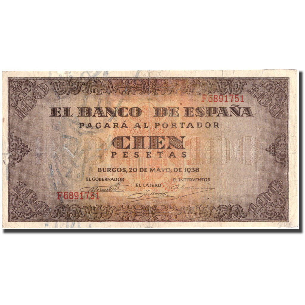 Banknot, Hiszpania, 100 Pesetas, 1938, 1938-05-20, KM:113a, EF(40-45)