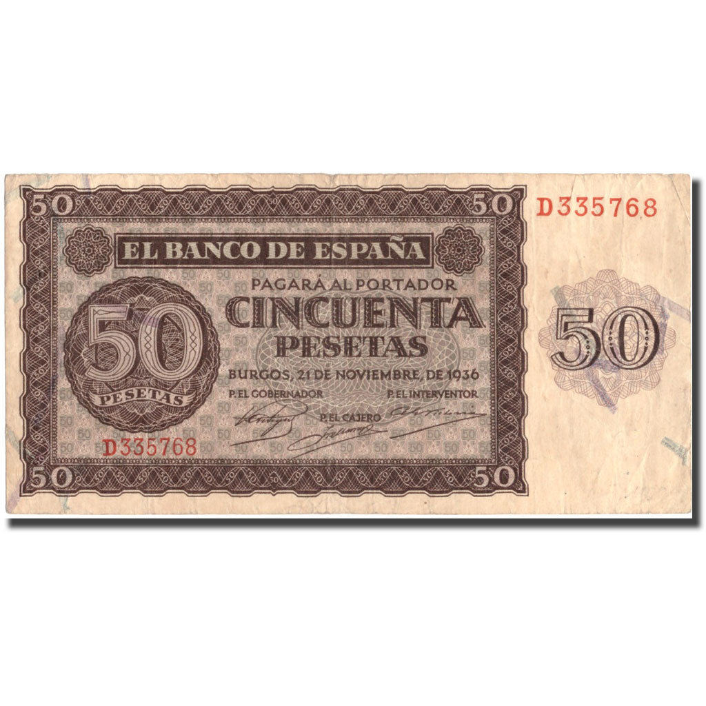Biljet, Spanje, 50 Pesetas, 1936, 1936-11-21, KM:100a, TTB