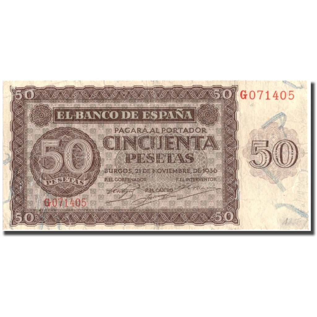 Banconote, Spagna, 50 Pesetas, 1936, 1936-11-21, KM:100a, MB