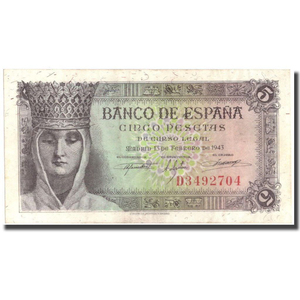 Banknot, Hiszpania, 5 Pesetas, 1943, 1943-02-13, KM:127a, UNC(64)