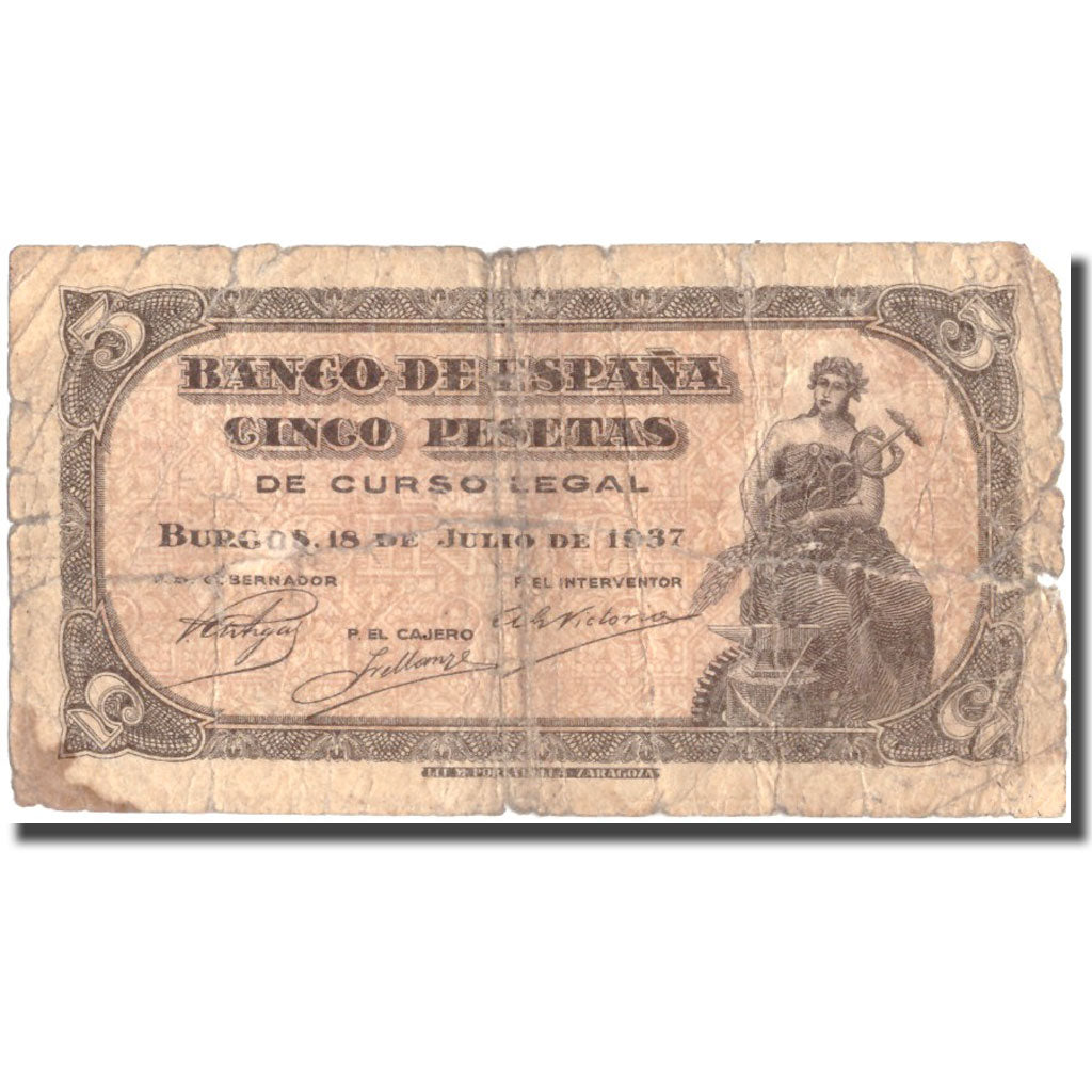 Banknot, Hiszpania, 5 Pesetas, 1937, 1937-07-18, KM:106a, VG(8-10)