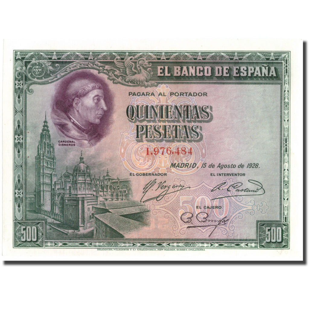 Banknote, Spain, 500 Pesetas, 1928, 1928-08-15, KM:77a, UNC(64)