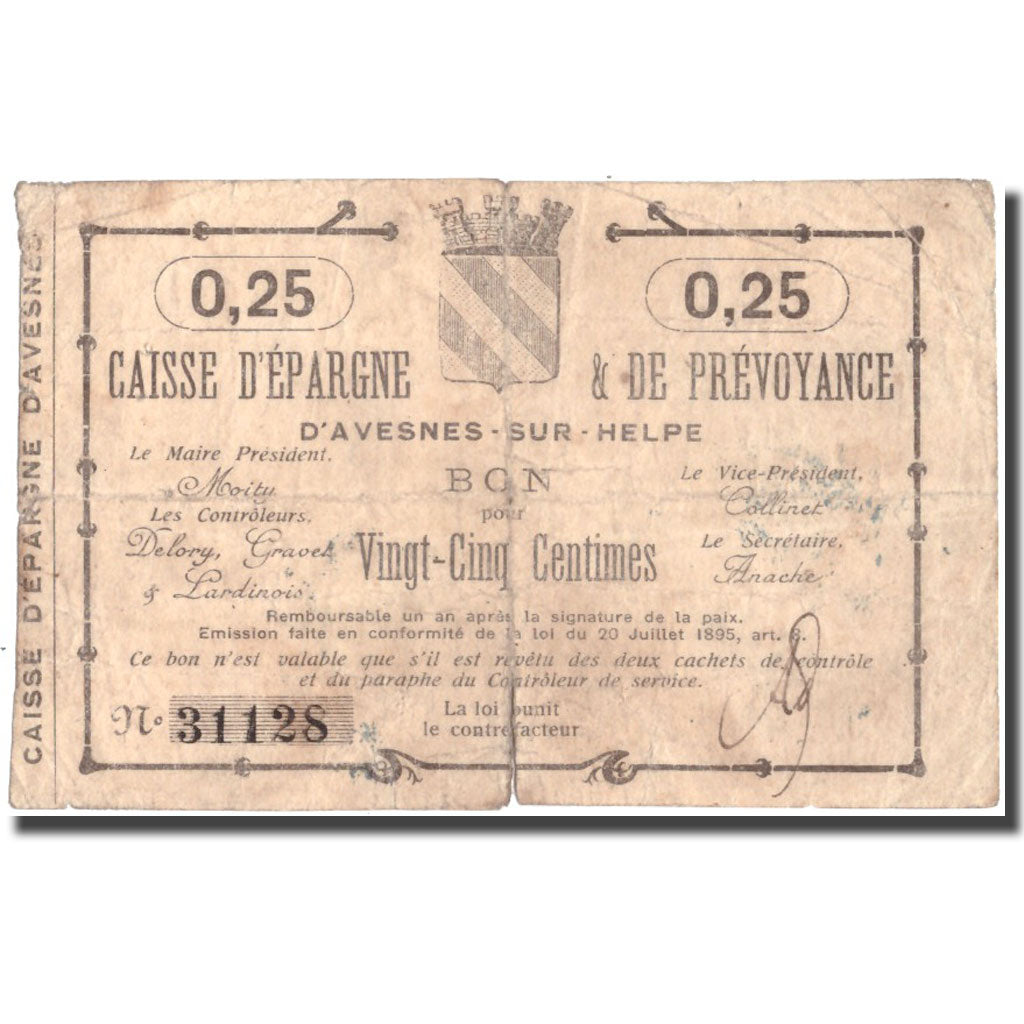 France, Avesnes-sur-Helpe, 25 Centimes, 1915, VG(8-10)
