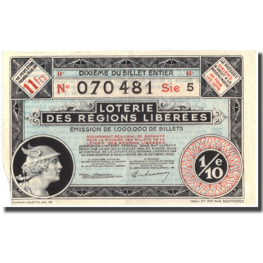 Francia, 1/10ème, Loterie des Régions Libérée, MB+