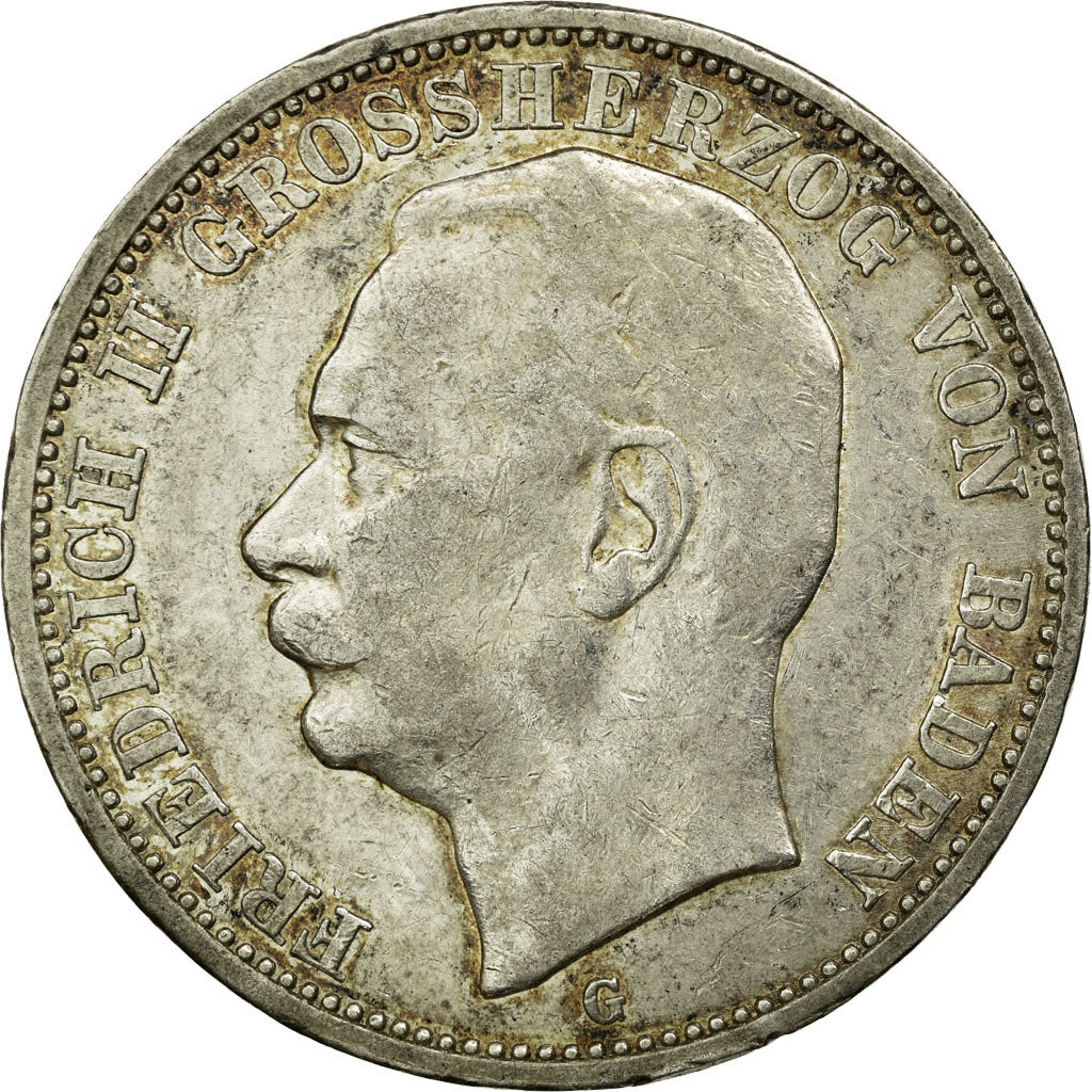 Coin, German States, BADEN, Friedrich II, 3 Mark, 1912, Stuttgart, AU(50-53)