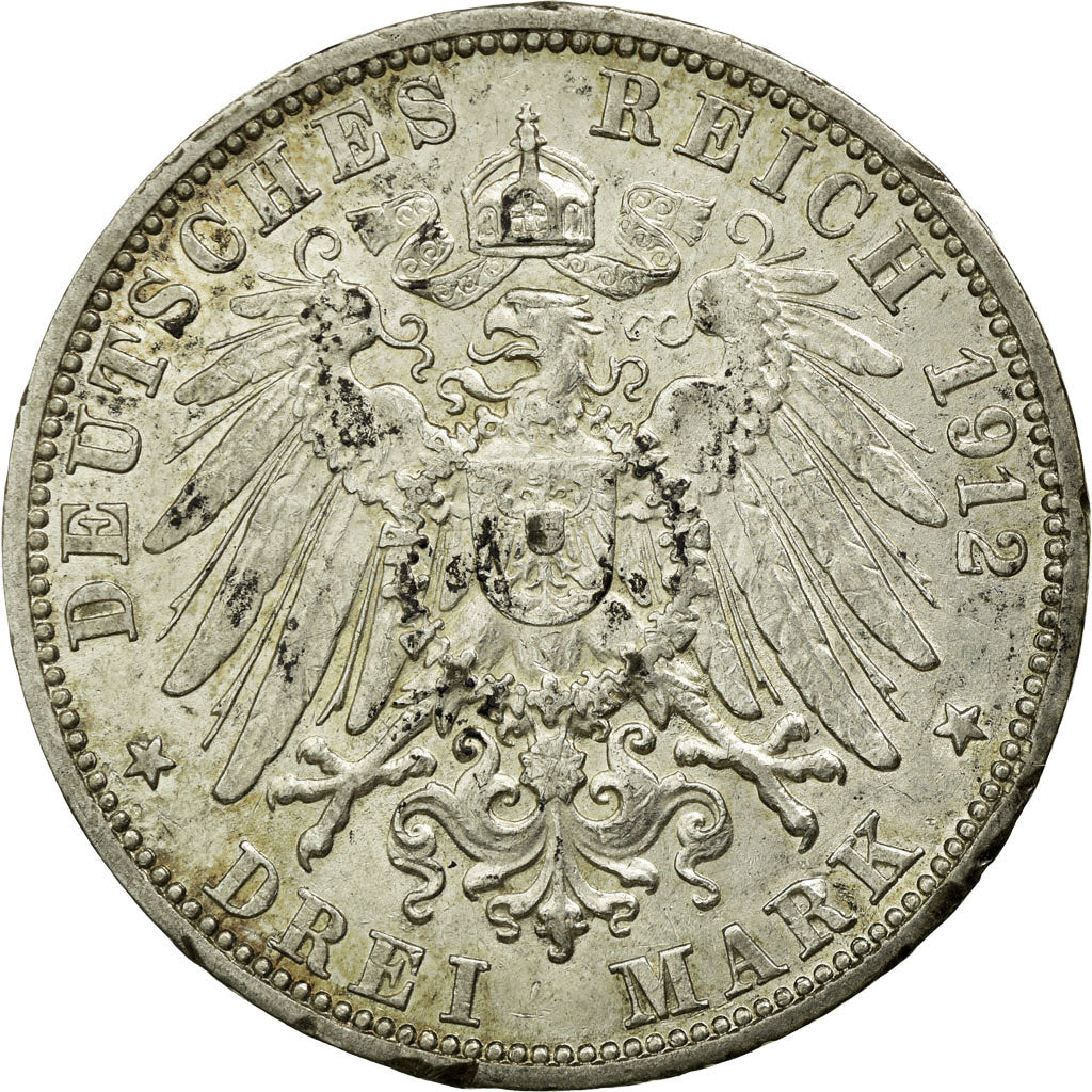 Coin, German States, BADEN, Friedrich II, 3 Mark, 1912, Stuttgart, AU(50-53)