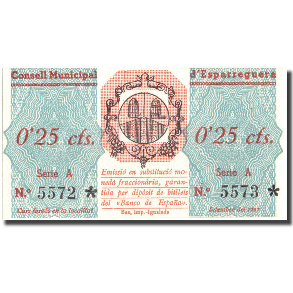 Banknote, Spain, 25 Centimos, Blason, ESPARREGUERA, 1937, UNC(65-70)