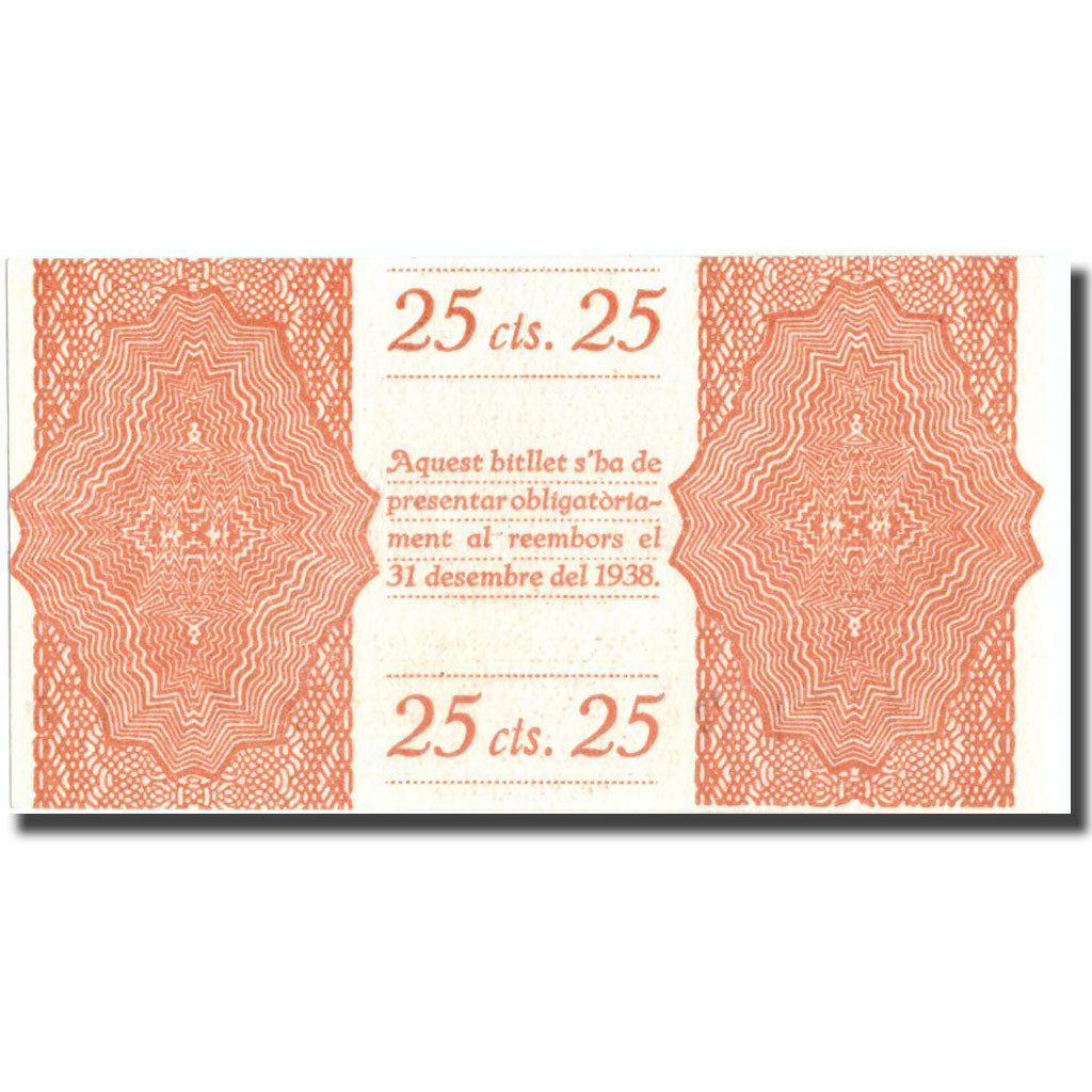 Banknote, Spain, 25 Centimos, Blason, ESPARREGUERA, 1937, UNC(65-70)