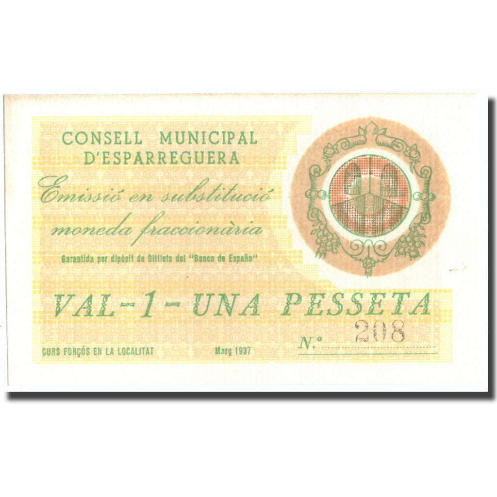 Biljet, Spanje, 1 Peseta, Blason, 1937, 1937, NIEUW
