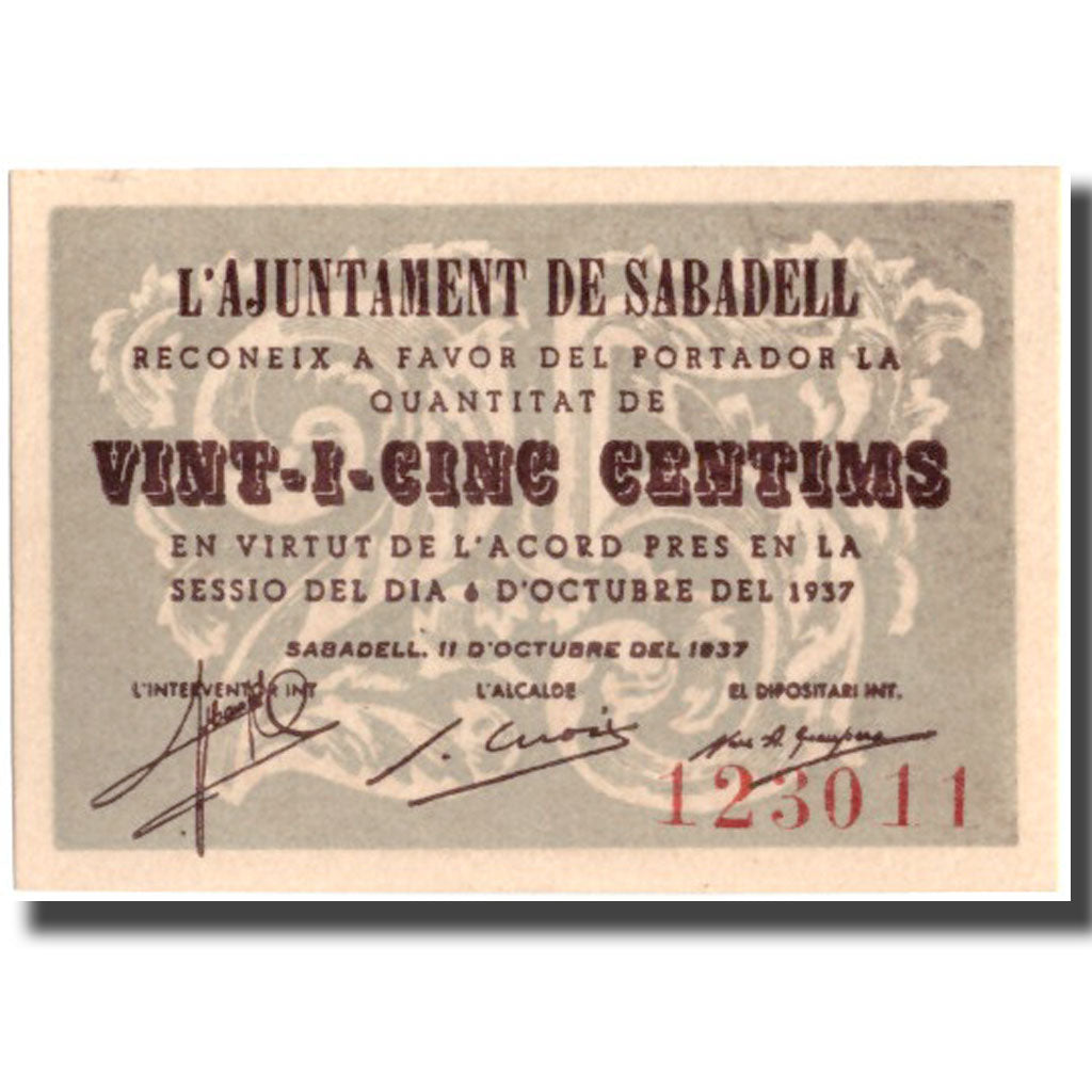 Banknot, Hiszpania, 25 Centimos, Batiment, 1937, 1937, UNC(65-70)