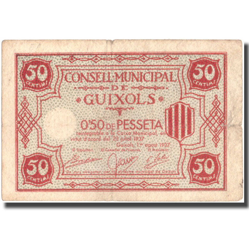 Nota, Espanha, 50 Centimos, Blason, 1937, 1937, VF(30-35)