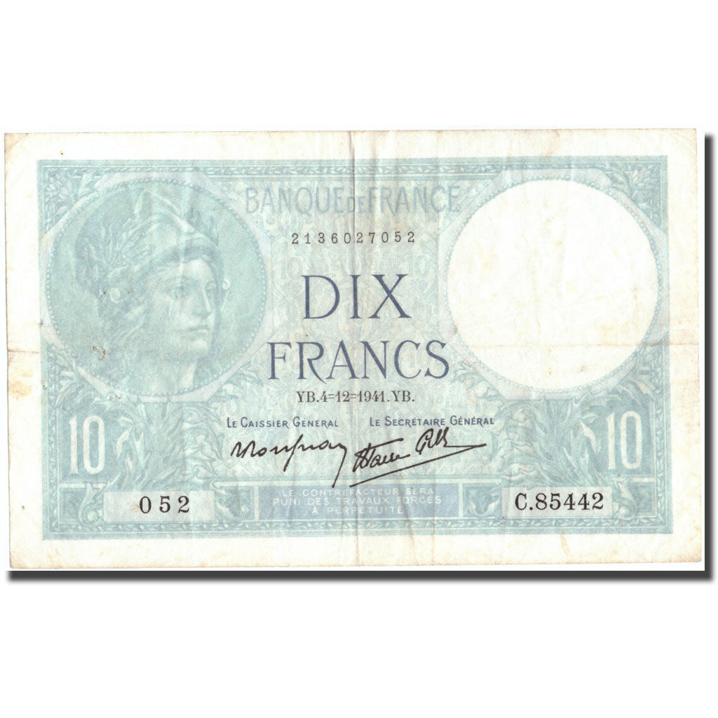 Frankreich, 10 Francs, 10 F 1916-1942 ''Minerve'', 1941, 1941-12-04, S+, KM:84