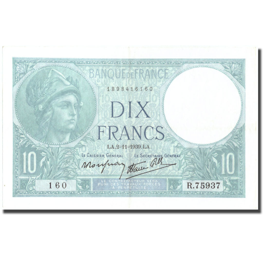Francia, 10 Francs, 10 F 1916-1942 ''Minerve'', 1939, 1939-11-02, EBC, KM:84