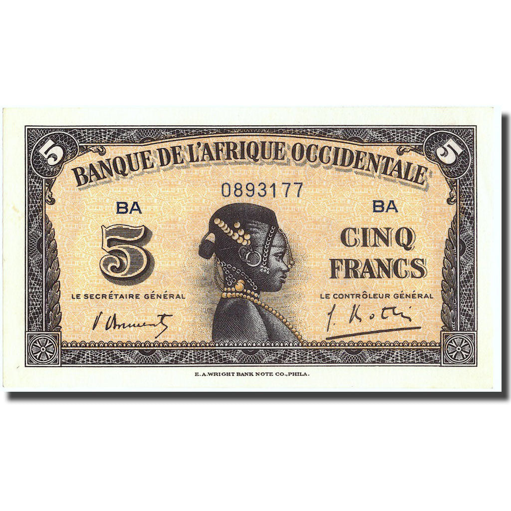 Banknote, French West Africa, 5 Francs, 1942, 1942-12-14, KM:28b, UNC(64)