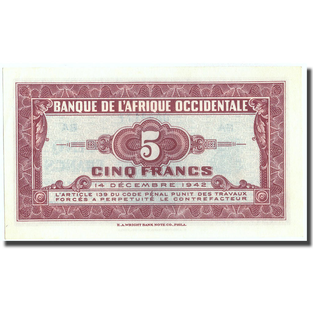 Banknote, French West Africa, 5 Francs, 1942, 1942-12-14, KM:28b, UNC(64)