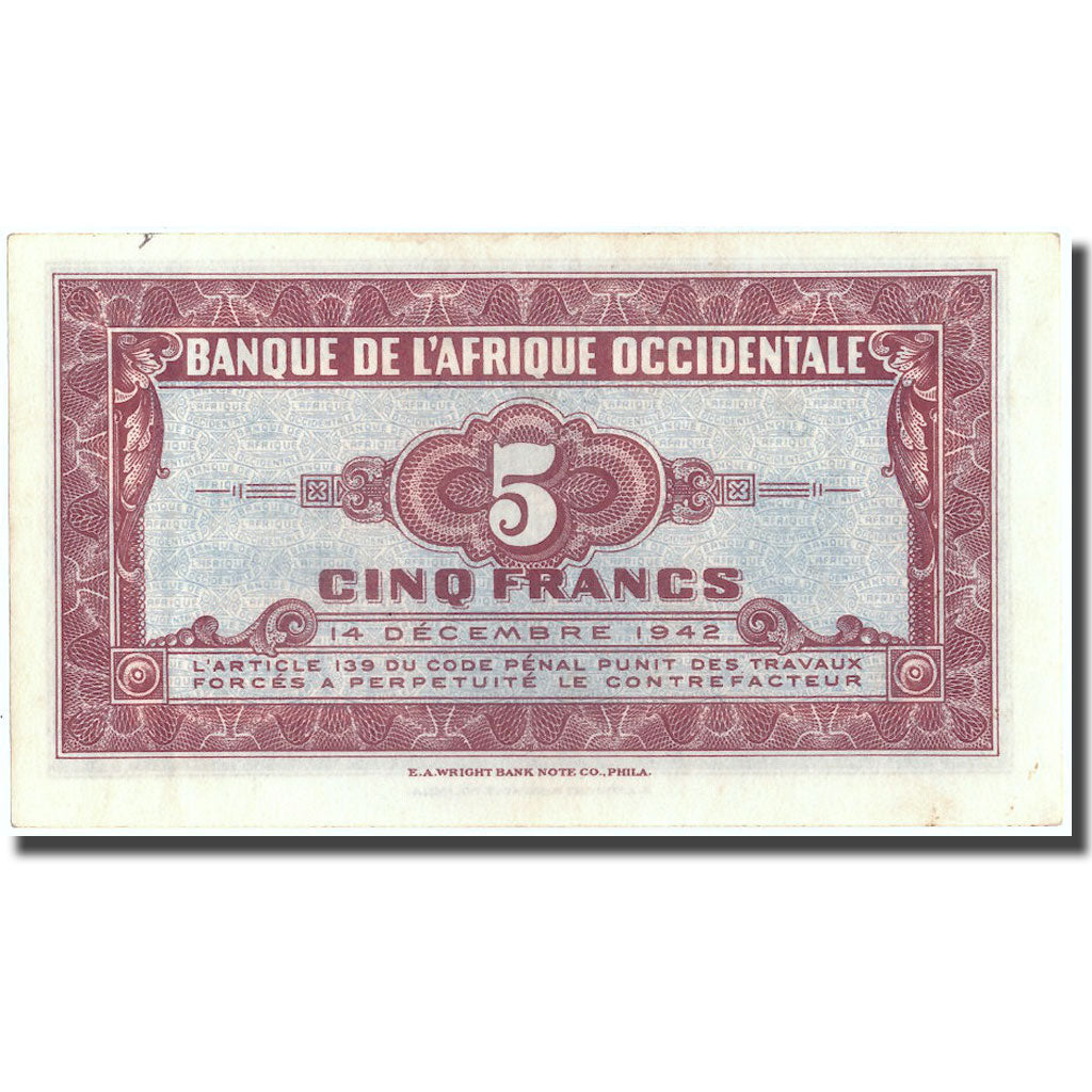 Billet, French West Africa, 5 Francs, 1942, 1942-12-14, KM:28b, SUP