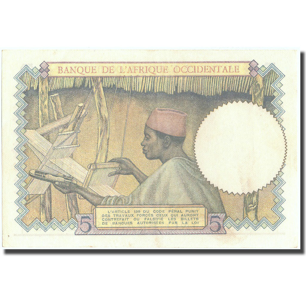 Billet, French West Africa, 5 Francs, 1937, 1937-08-12, KM:21, SPL+