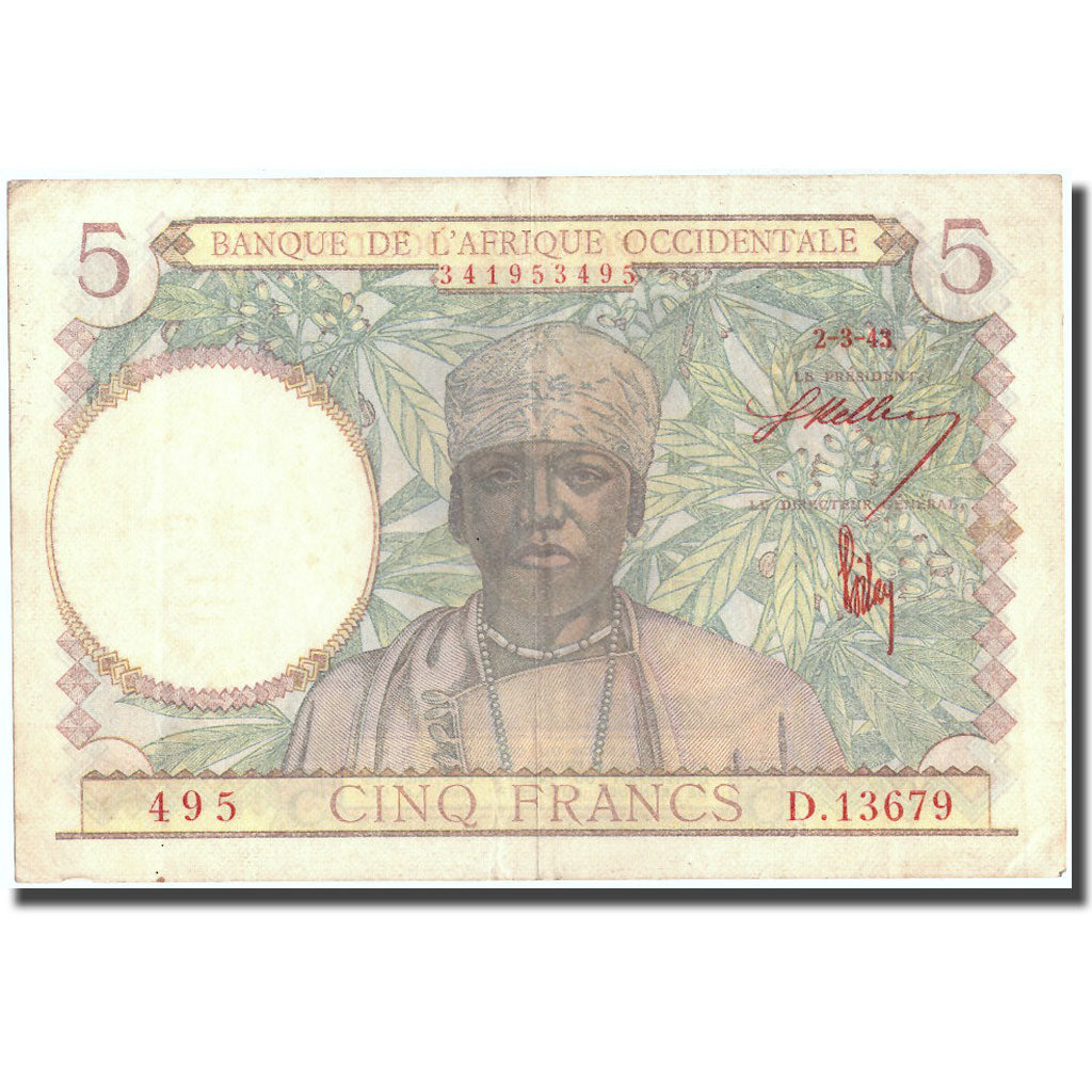 Banknote, French West Africa, 5 Francs, 1943, 1943-03-02, KM:26, EF(40-45)