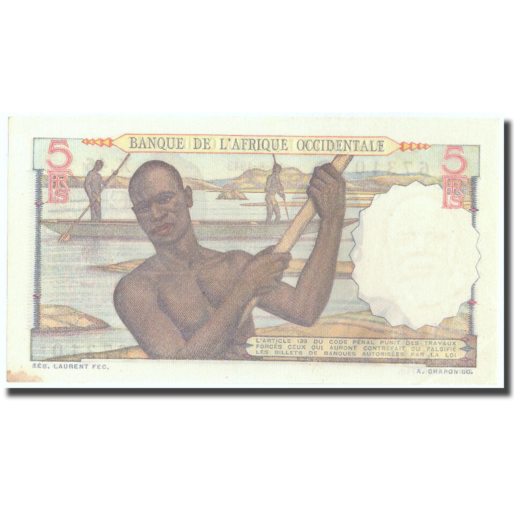 Banknot, Francuska Afryka Zachodnia, 5 Francs, 1943, 1943-08-17, KM:36, UNC(63)