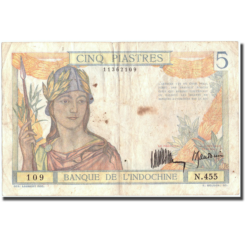 Nota, INDOCHINA FRANCESA, 5 Piastres, Undated (1936), KM:55a, VF(20-25)