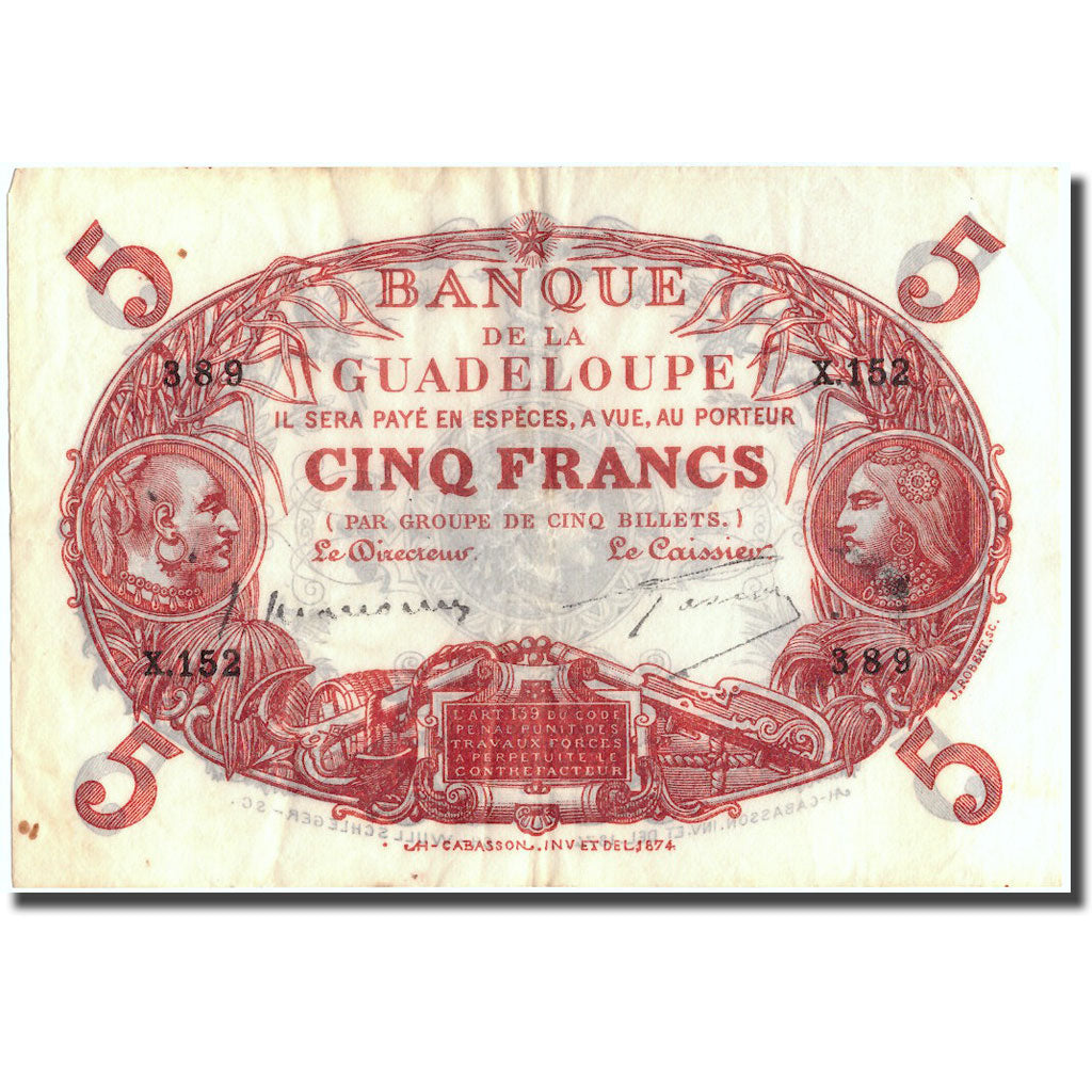 Guadeloupe, 5 Francs, X.152, VF 25, PMG