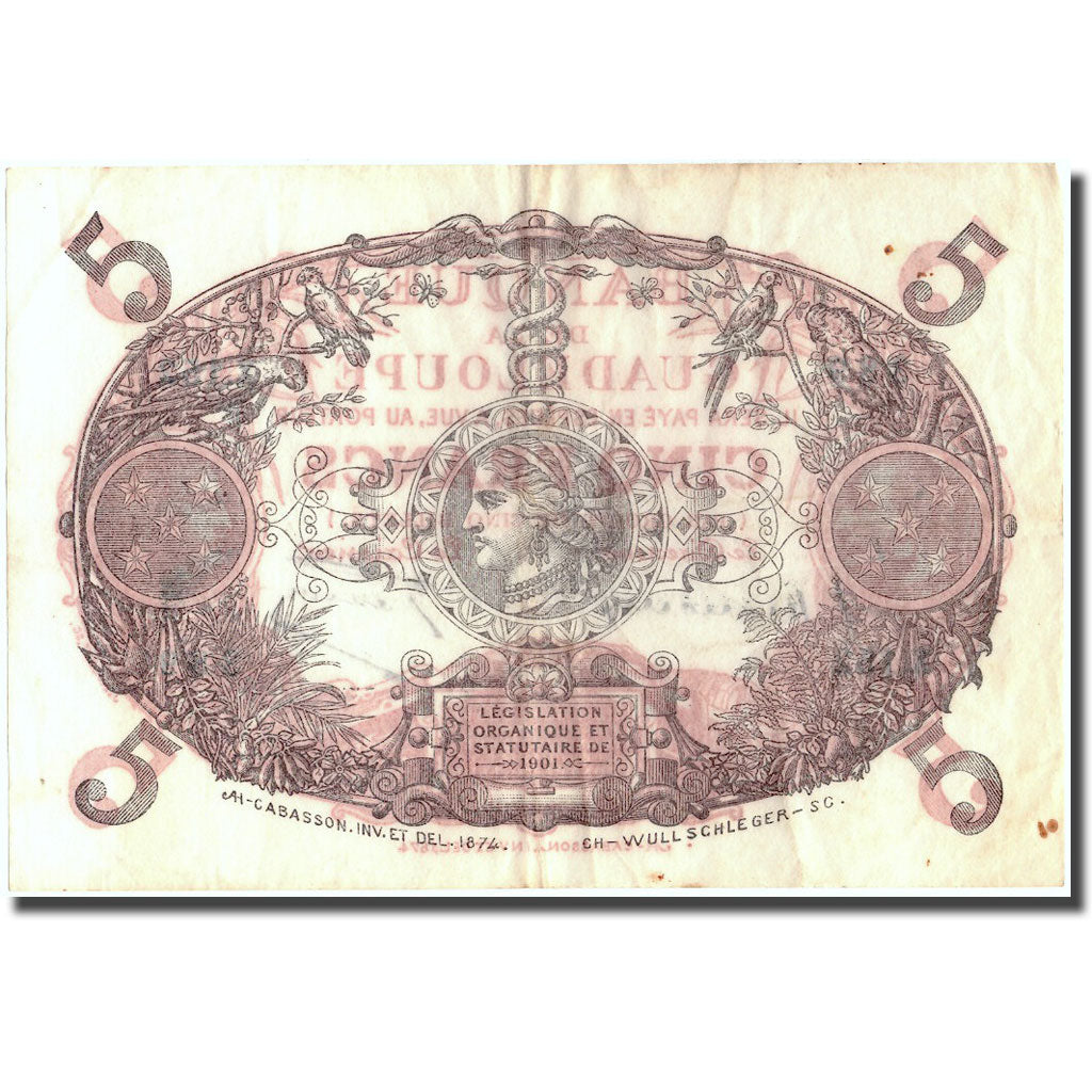 Guadeloupe, 5 Francs, X.152, VF 25, PMG