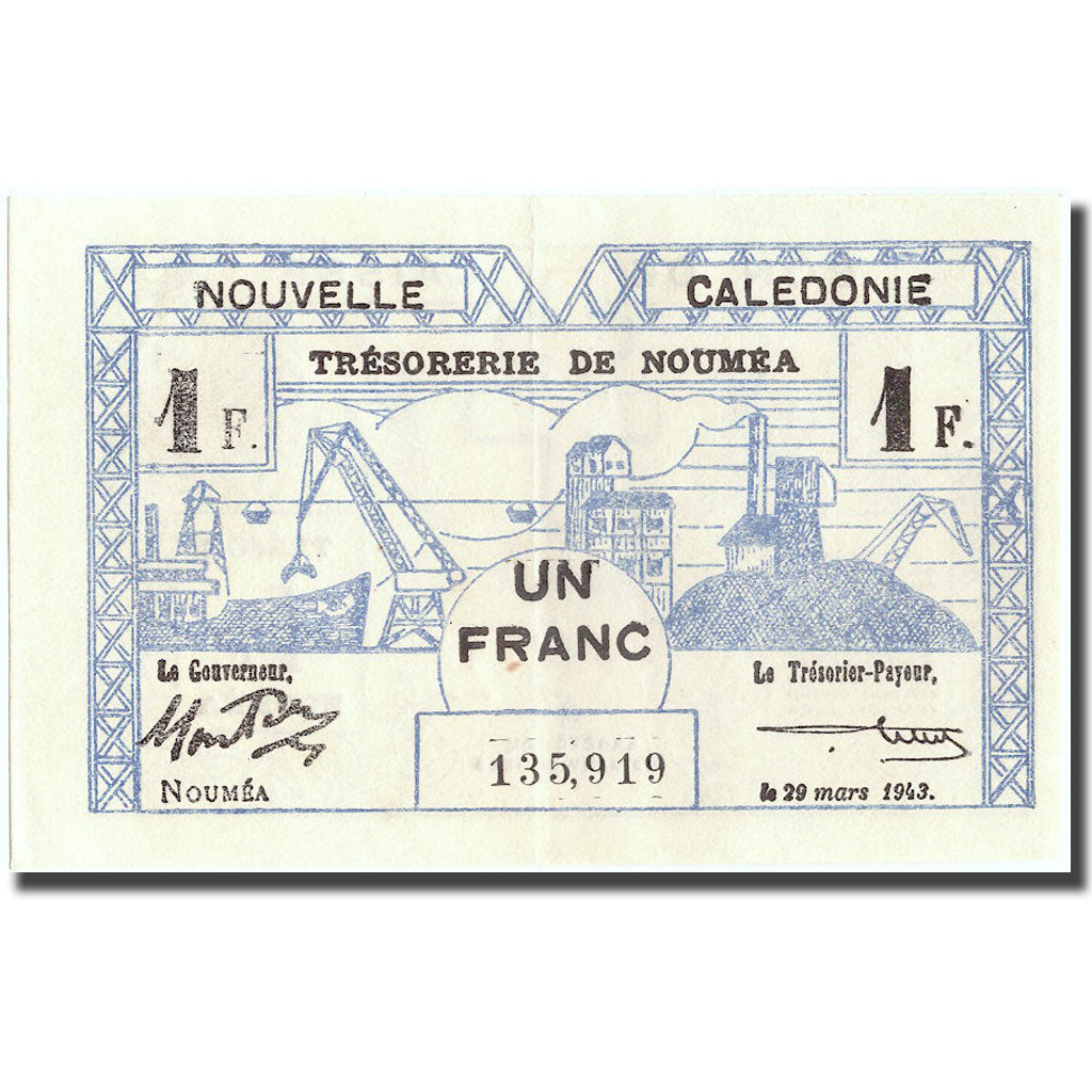 Banknote, New Caledonia, 1 Franc, 1943, 1943-03-29, KM:55a, UNC(60-62)