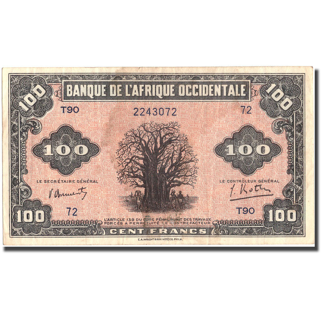 Billet, French West Africa, 100 Francs, 1942, 1942-12-14, KM:31a, TTB