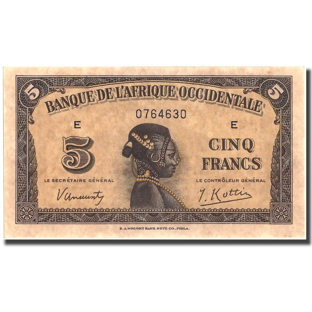 Banknote, French West Africa, 5 Francs, 1942, 1942-12-14, KM:28b, UNC(63)