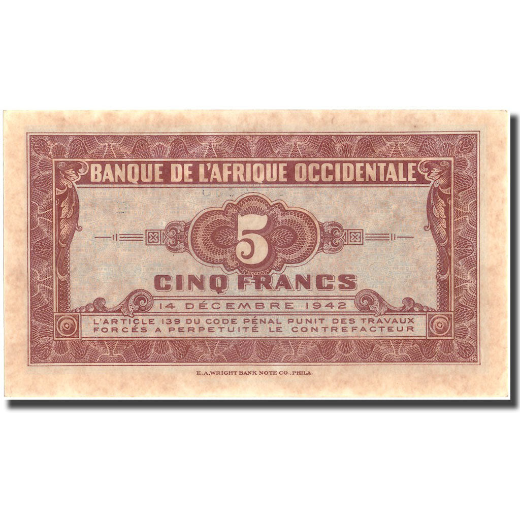 Banknote, French West Africa, 5 Francs, 1942, 1942-12-14, KM:28b, UNC(63)