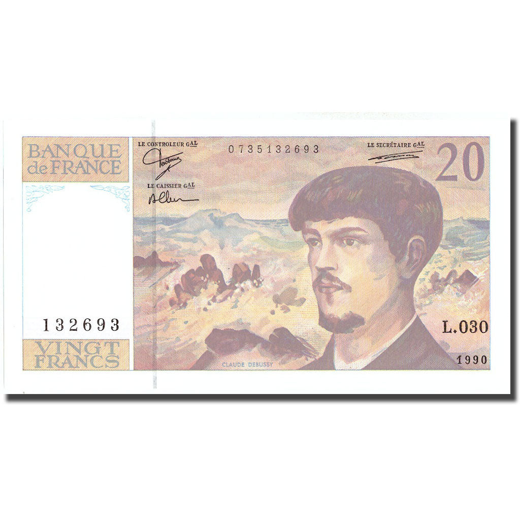 France, 20 Francs, Debussy, 1990, 1990, SPL, Fayette:66bis.1, KM:151d