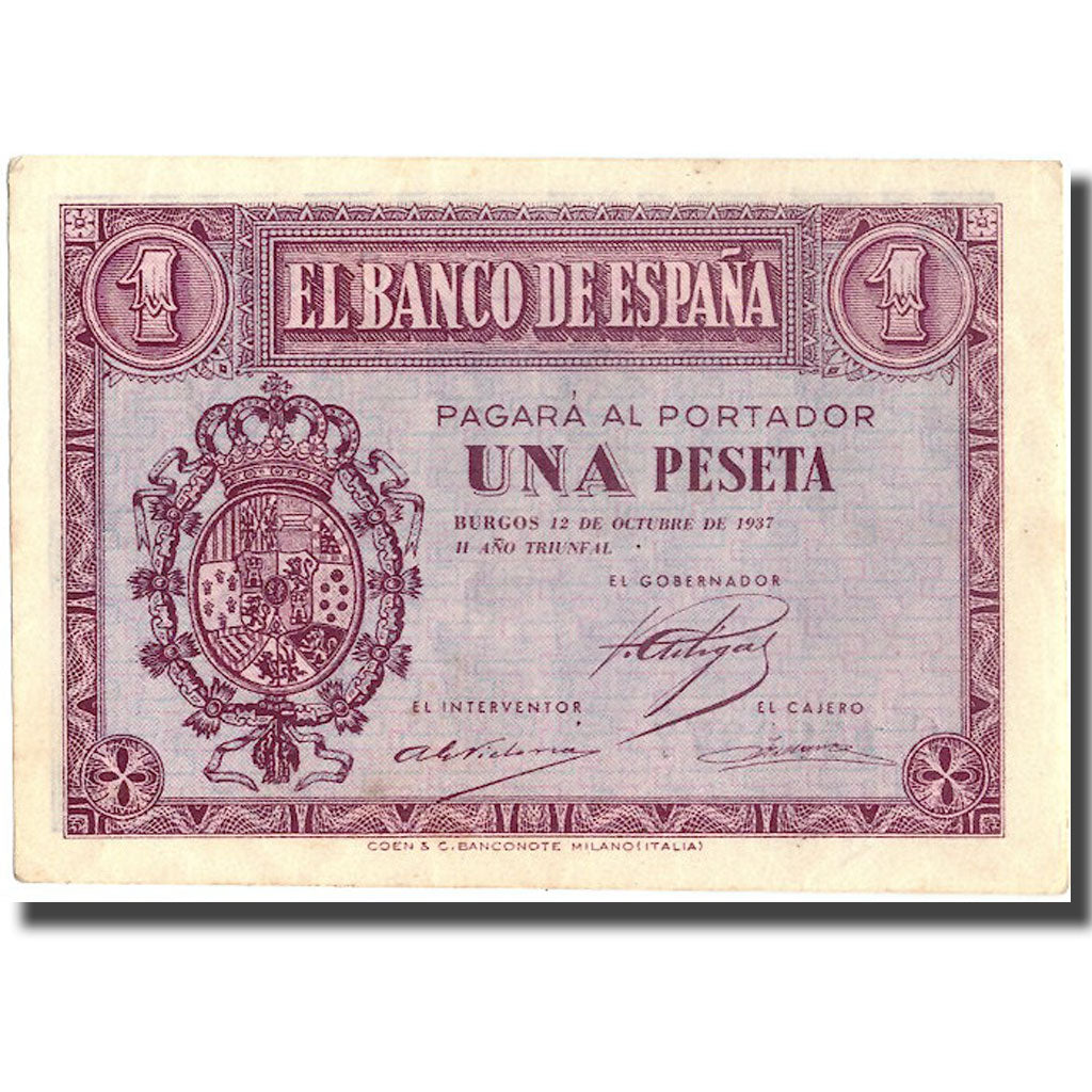 Billete, 1 Peseta, 1937, España, 1937-10-12, KM:104a, EBC