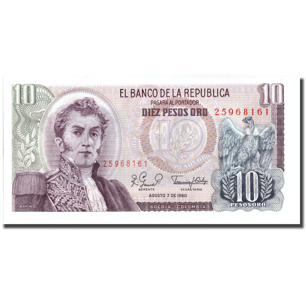Nota, Colômbia, 10 Pesos Oro, 1980, 1980-08-07, KM:407g, UNC(65-70)