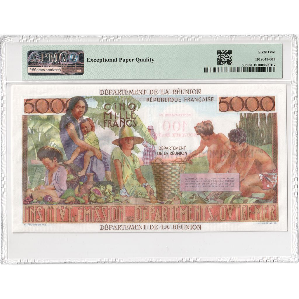 Réunion, 100 Nouveaux Francs on 5000 Francs, Undated (1967-71), NEUF, KM:56b