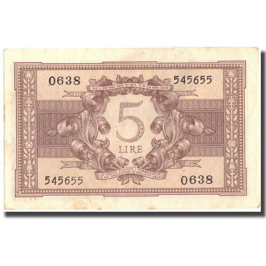 Banconote, Italia, 5 Lire, 1944, 1944-11-23, KM:31c, SPL-