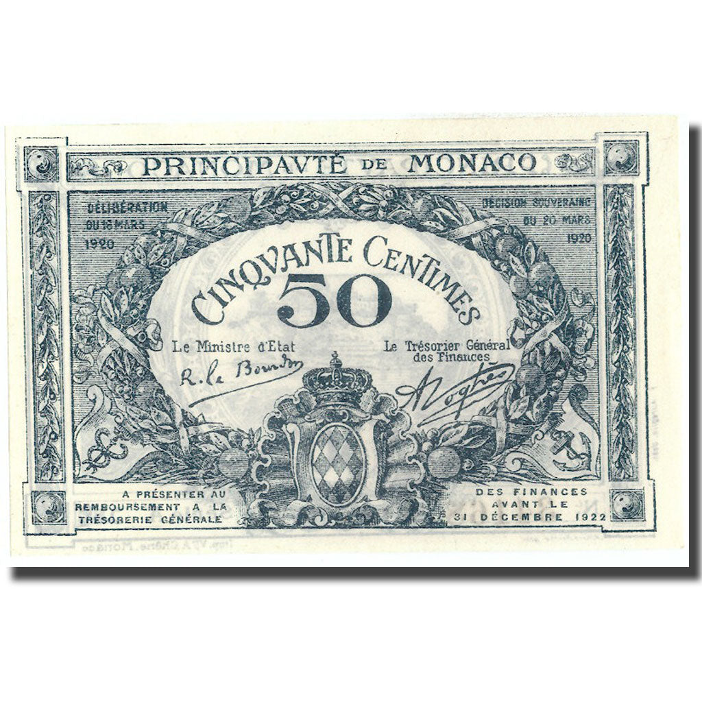 Banknot, Monaco, 50 Centimes, 1920, 1920-03-20, KM:3a, UNC(65-70)