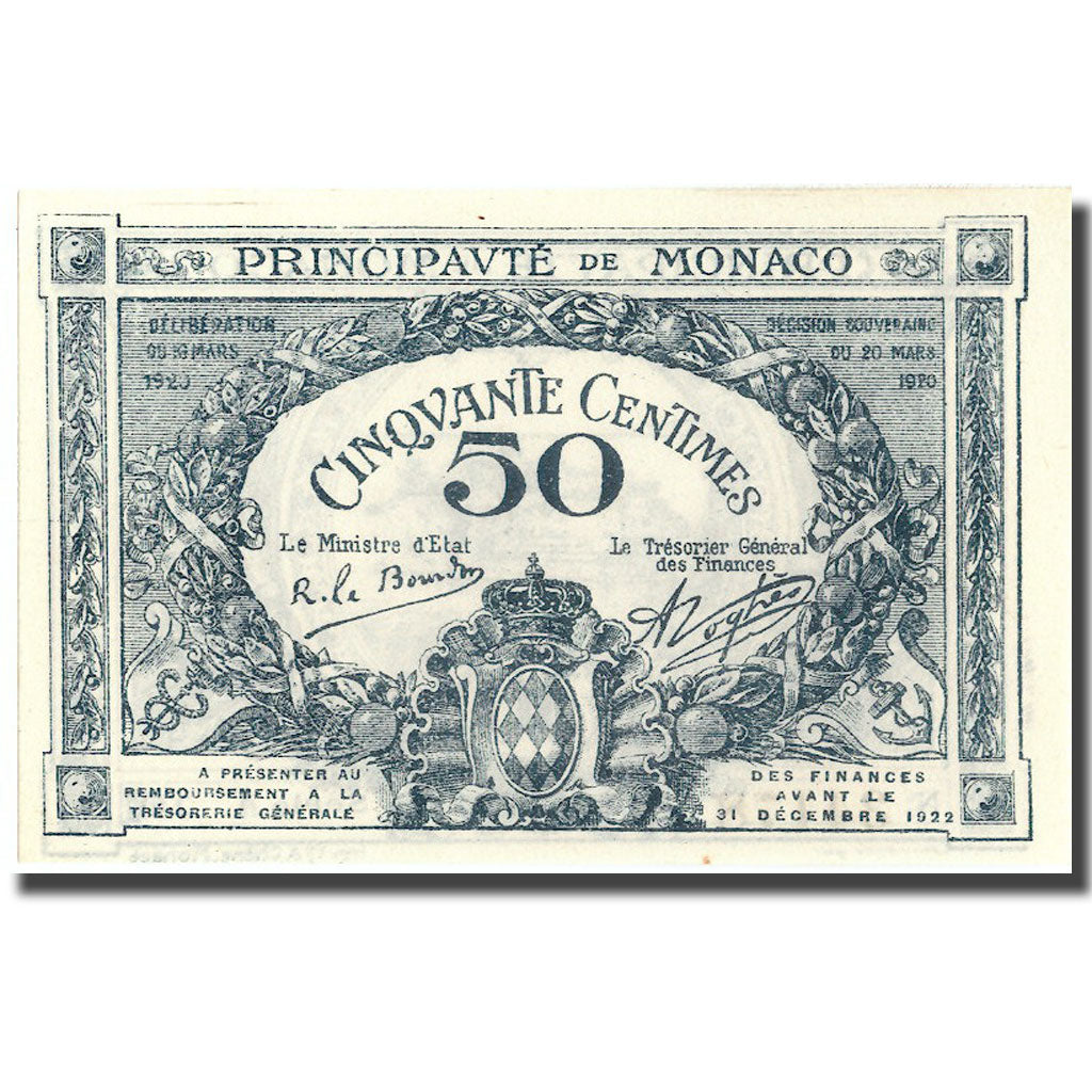 Monaco, 50 Centimes, 1920-03-20, UNC 63 EPQ, PMG