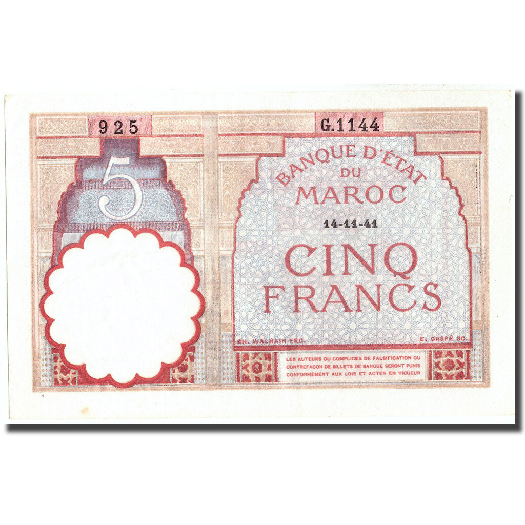 Biljet, Marokko, 5 Francs, 1941, 1941-11-14, KM:23Ab, SUP